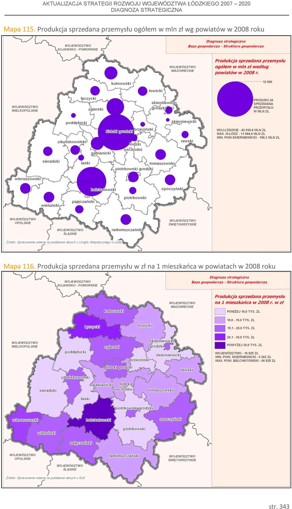 Produkcja sprzedana przemysłu ogółem w mln zł wg powiatów w 2008