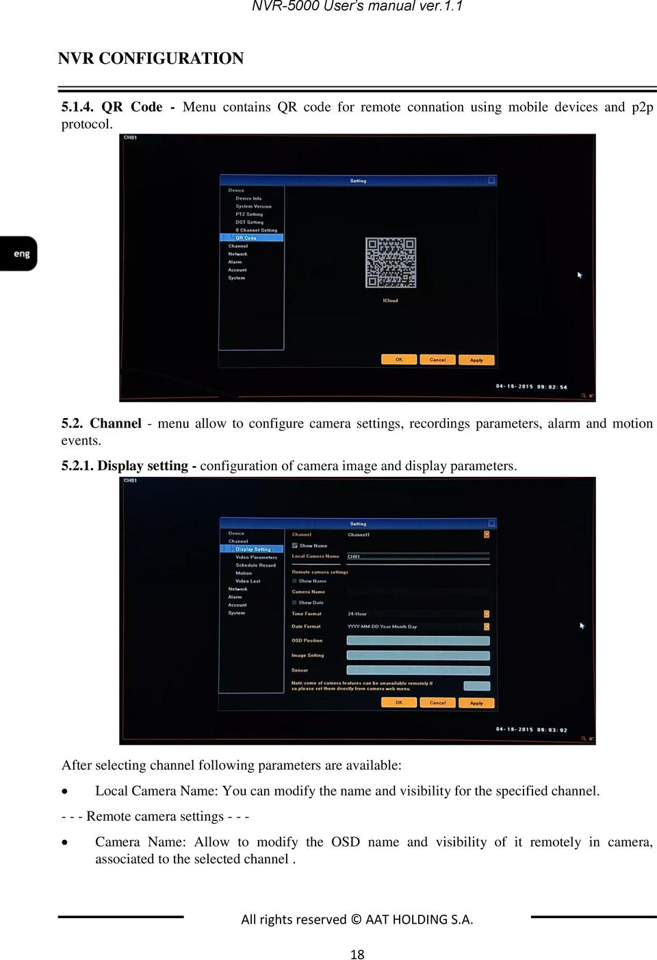 Display setting - configuration of camera image and display parameters.