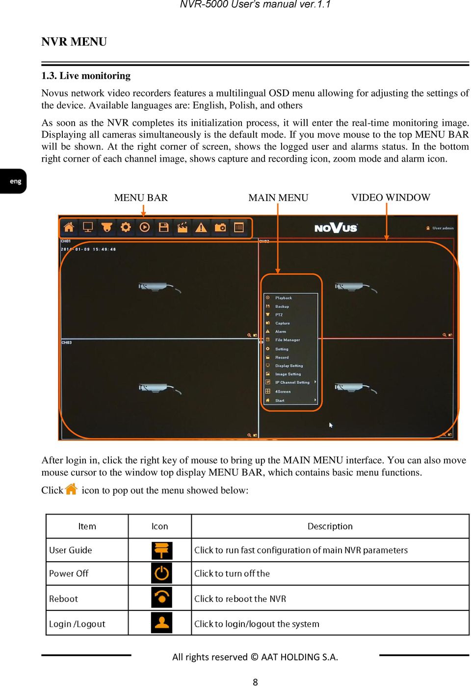 Displaying all cameras simultaneously is the default mode. If you move mouse to the top MENU BAR will be shown. At the right corner of screen, shows the logged user and alarms status.