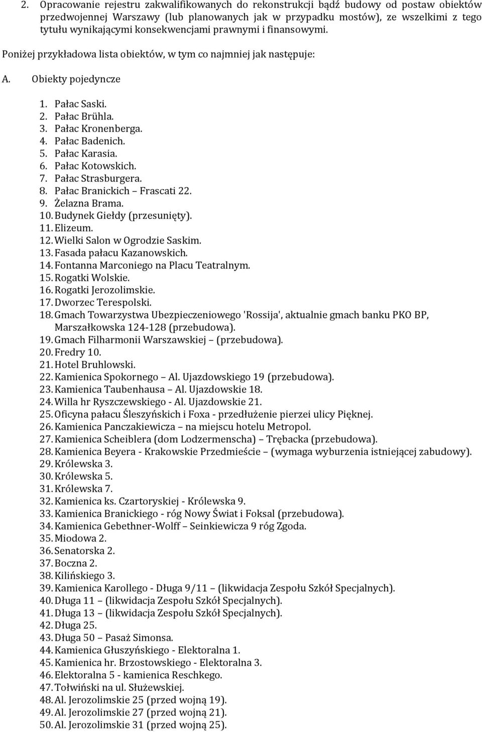 Pałac Badenich. 5. Pałac Karasia. 6. Pałac Kotowskich. 7. Pałac Strasburgera. 8. Pałac Branickich Frascati 22. 9. Żelazna Brama. 10. Budynek Giełdy (przesunięty). 11. Elizeum. 12.