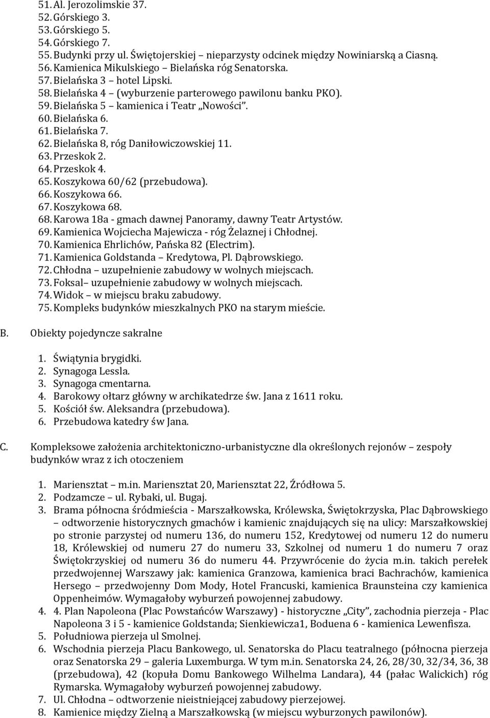 61. Bielańska 7. 62. Bielańska 8, róg Daniłowiczowskiej 11. 63. Przeskok 2. 64. Przeskok 4. 65. Koszykowa 60/62 (przebudowa). 66. Koszykowa 66. 67. Koszykowa 68.