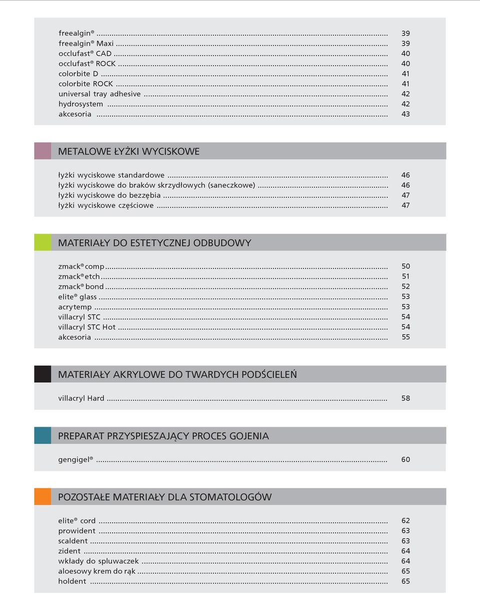 .. 46 46 47 47 MATERIAŁY DO ESTETYCZNEJ ODBUDOWY zmack comp... zmack etch... zmack bond... elite glass... acrytemp... villacryl STC... villacryl STC Hot... akcesoria.