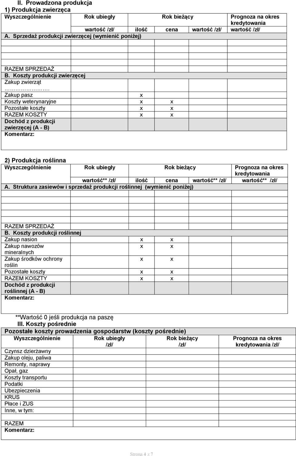 Zakup pasz x Koszty weterynaryjne x x Pozostałe koszty x x KOSZTY x x Dochód z produkcji zwierzęcej (A - B) 2) Produkcja roślinna Wyszczególnienie Rok ubiegły Rok bieżący Prognoza na okres