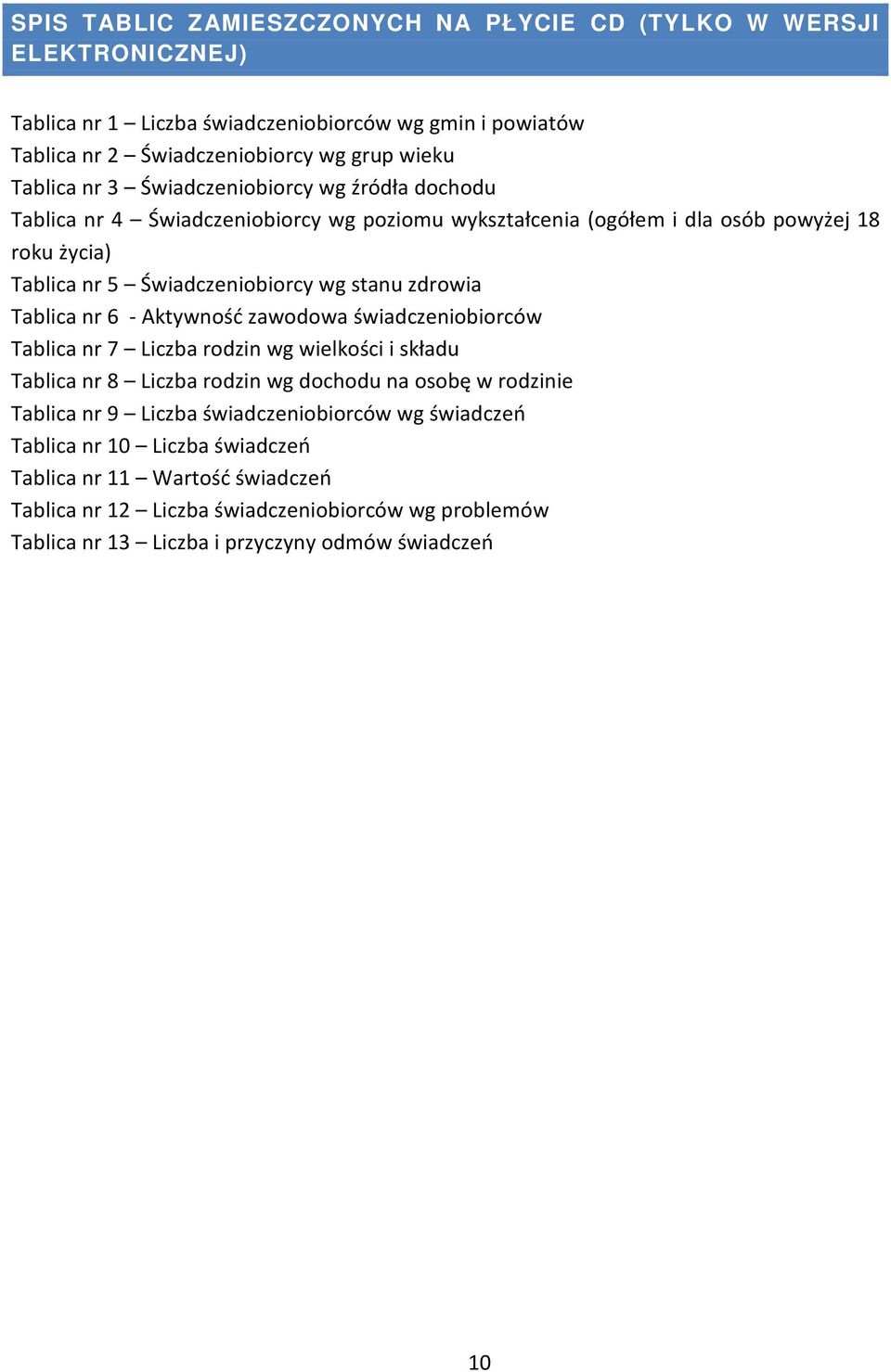 Tablica nr 6 - Aktywność zawodowa świadczeniobiorców Tablica nr 7 Liczba rodzin wg wielkości i składu Tablica nr 8 Liczba rodzin wg dochodu na osobę w rodzinie Tablica nr 9 Liczba