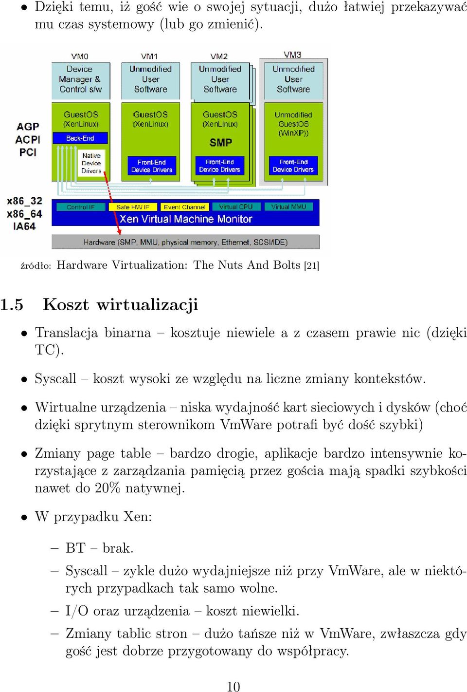 Wirtualne urządzenia niska wydajność kart sieciowych i dysków (choć dzięki sprytnym sterownikom VmWare potrafi być dość szybki) Zmiany page table bardzo drogie, aplikacje bardzo intensywnie