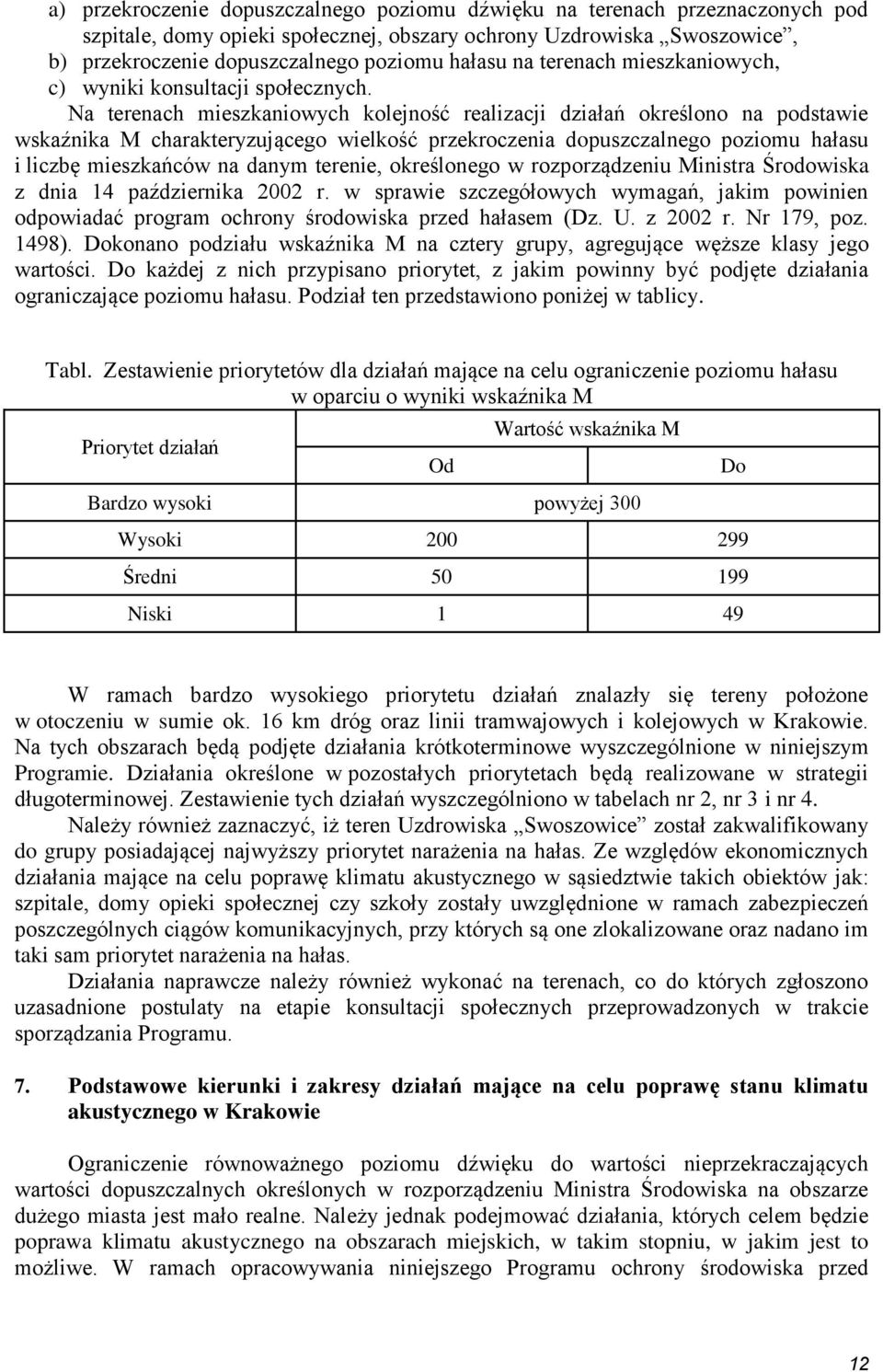 Na terenach mieszkaniowych kolejność realizacji działań określono na podstawie wskaźnika M charakteryzującego wielkość przekroczenia dopuszczalnego poziomu hałasu i liczbę mieszkańców na danym