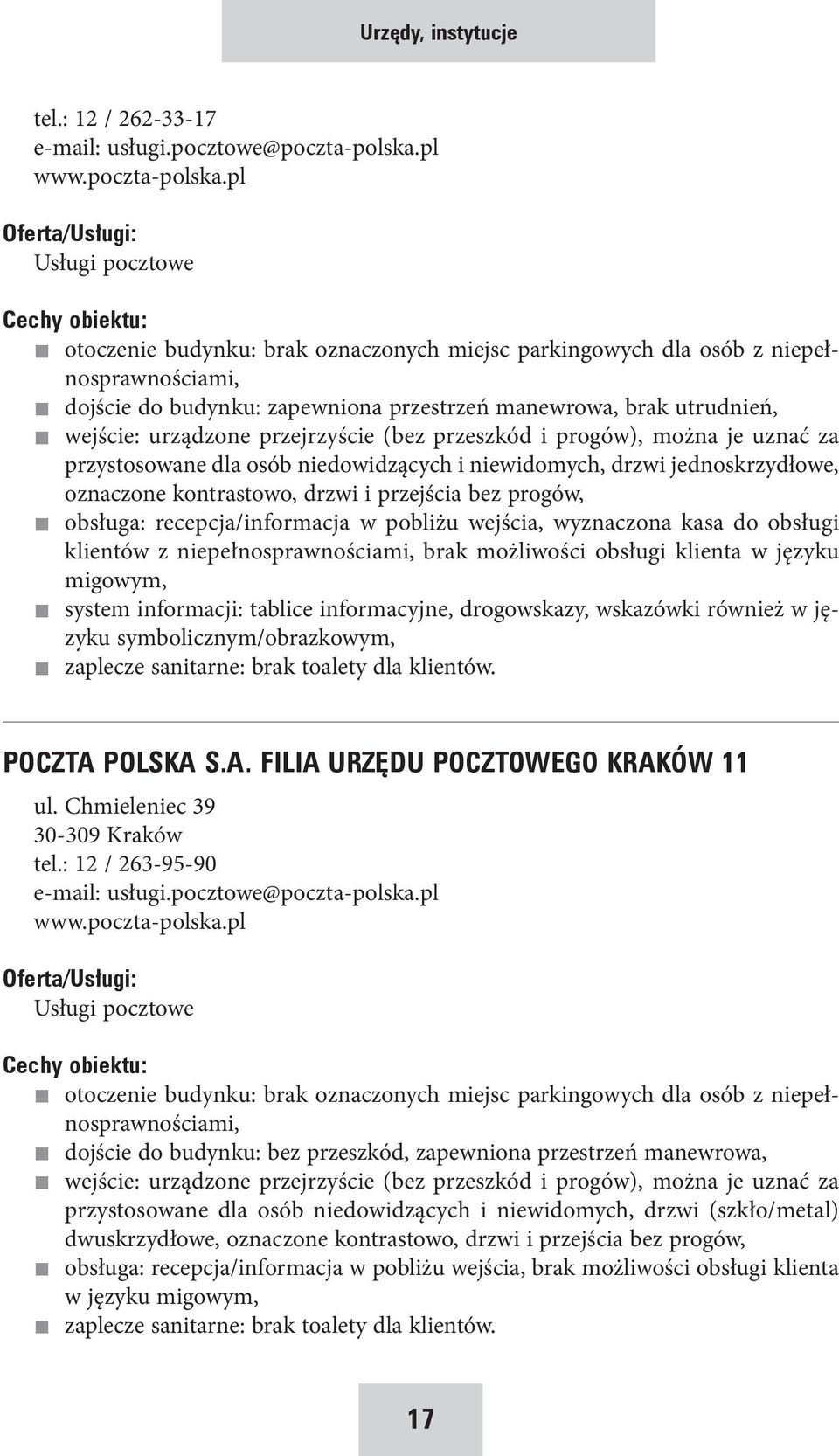 pl Usługi pocztowe dojście do budynku: zapewniona przestrzeń manewrowa, brak utrudnień, przystosowane dla osób niedowidzących i niewidomych, drzwi jednoskrzydłowe, oznaczone kontrastowo, drzwi i