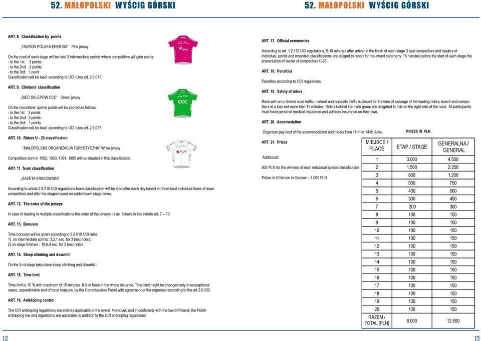 points - to the 3rd: 1 point Classification will be lead according to UCI rules art. 2.6.017. ART. 9.