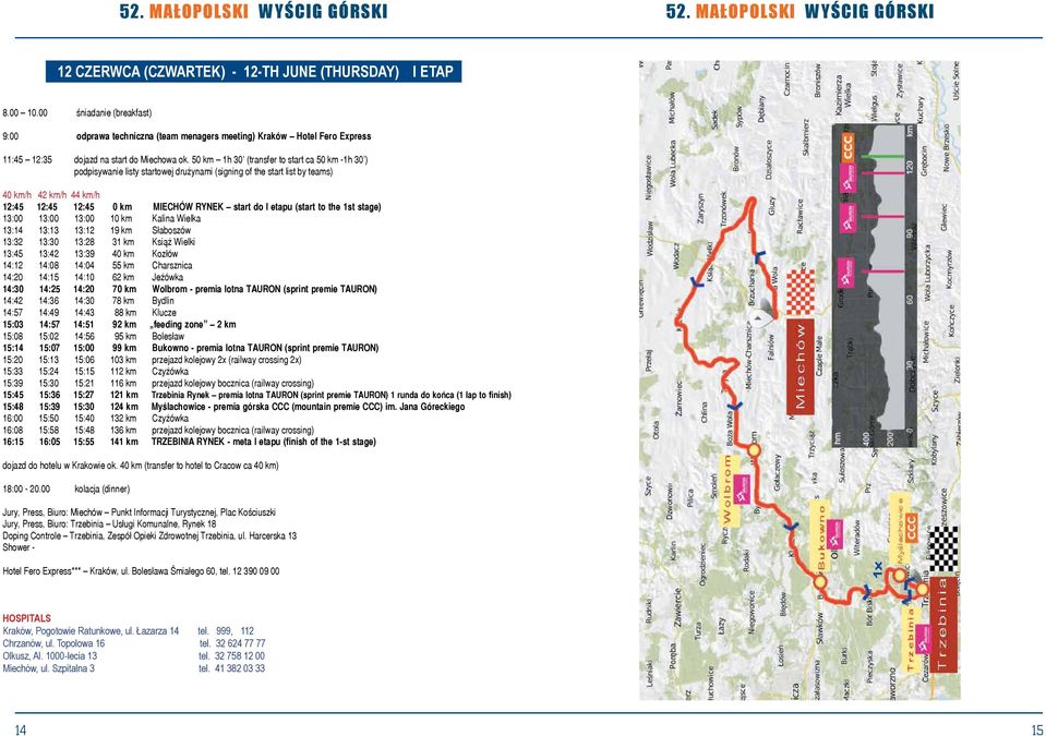 50 km 1h 30 (transfer to start ca 50 km -1h 30 ) podpisywanie listy startowej drużynami (signing of the start list by teams) 40 km/h 42 km/h 44 km/h 12:45 12:45 12:45 0 km MIECHÓW RYNEK start do I