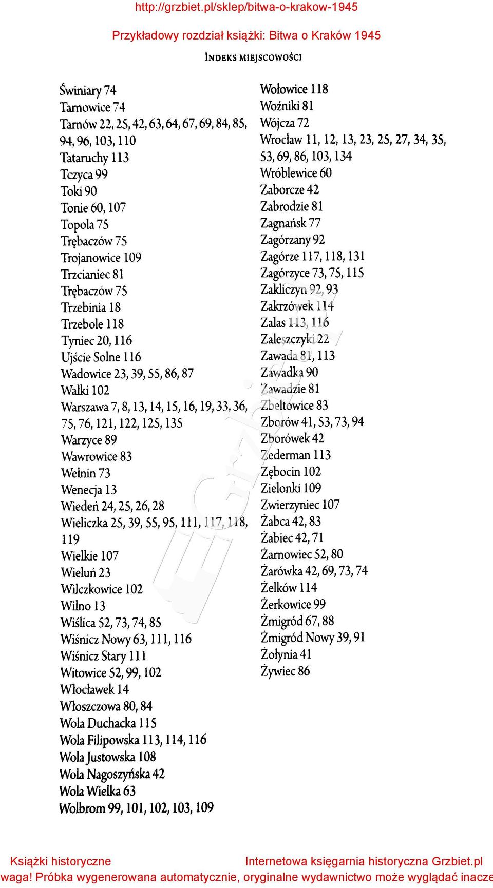 Trębaczów 75 Trzebinia 18 Trzebole 118 Tyniec 20, 116 Ujście Solne 116 Wadowice 23, 39, SS, 86, 87 Wałki 102 Warszawa 7,8, 13, 14, 15, 16, 19, 33, 36, 75,76,121,122,125,135 Warzyce89 Wawrowice 83