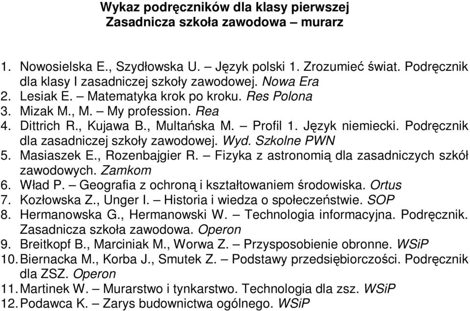 , Rozenbajgier R. Fizyka z astronomią dla zasadniczych szkół zawodowych. Zamkom 6. Wład P. Geografia z ochroną i kształtowaniem środowiska. Ortus 7. Kozłowska Z., Unger I.