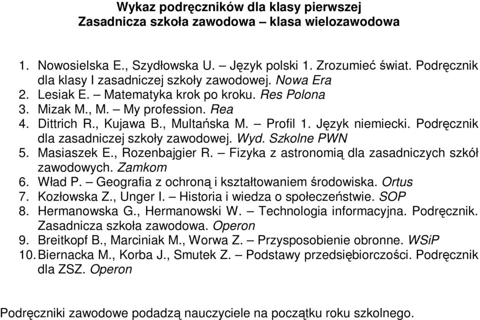 Szkolne PWN 5. Masiaszek E., Rozenbajgier R. Fizyka z astronomią dla zasadniczych szkół zawodowych. Zamkom 6. Wład P. Geografia z ochroną i kształtowaniem środowiska. Ortus 7. Kozłowska Z., Unger I.