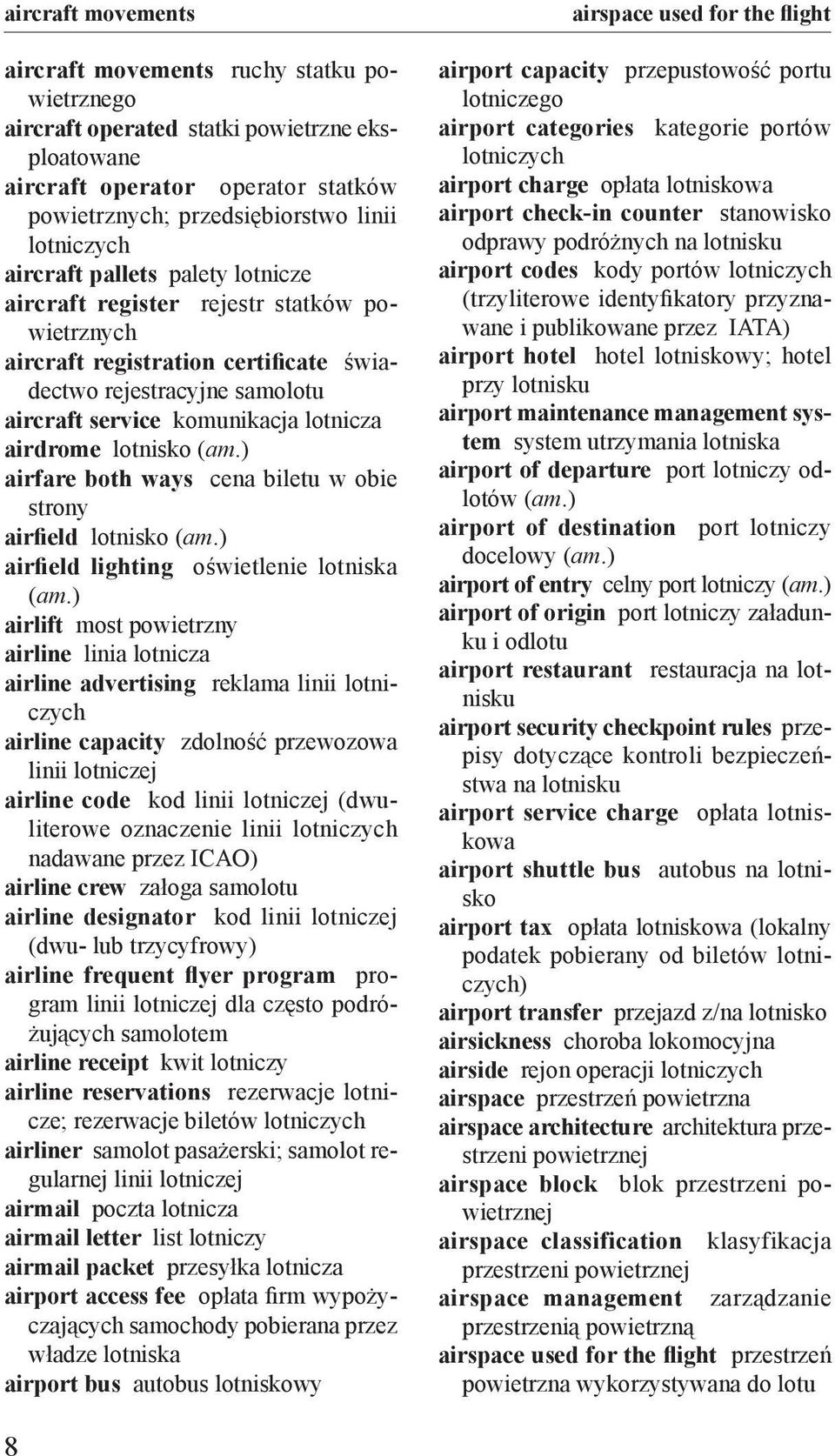 lotnisko (am.) airfare both ways cena biletu w obie strony airfield lotnisko (am.) airfield lighting oświetlenie lotniska (am.