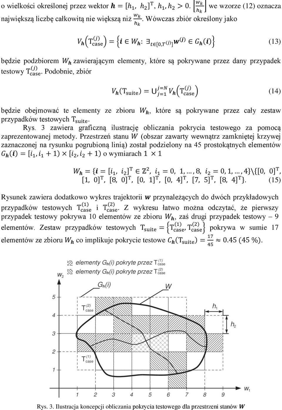 Podobnie, zbiór j=n (j) ) V h (T suite ) = j=1 V h (T case (14) będzie obejmować te elementy ze zbioru W h, które są pokrywane przez cały zestaw przypadków testowych T suite. Rys.