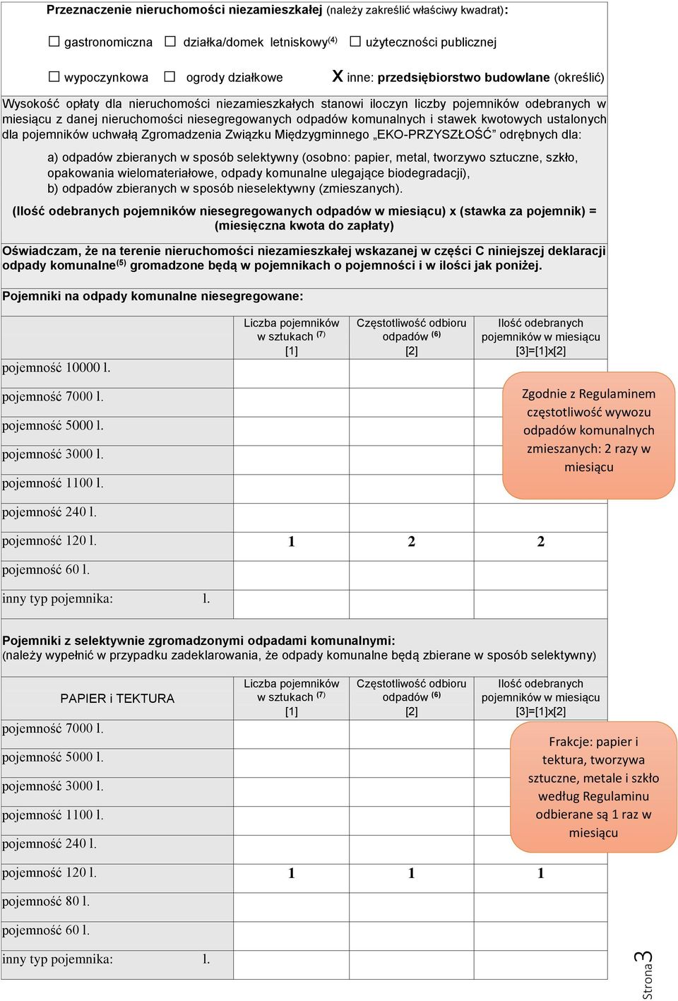 komunalnych i stawek kwotowych ustalonych dla pojemników uchwałą Zgromadzenia Związku Międzygminnego EKO-PRZYSZŁOŚĆ odrębnych dla: a) odpadów zbieranych w sposób selektywny (osobno: papier, metal,