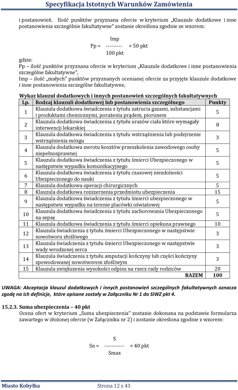 punktów przyznana ofercie w kryterium Klauzule dodatkowe i inne postanowienia szczególne fakultatywne, Imp ilość małych punktów przyznanych ocenianej ofercie za przyjęte klauzule dodatkowe i inne