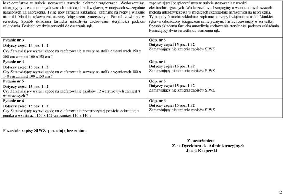 Sposób składania fartucha umożliwia zachowanie sterylności podczas zakładania. Pytanie nr 3 Czy Zamawiający wyrazi zgodę na zaoferowanie serwety na stolik o wymiarach 150 x 200 cm zamiast 100 x150 cm?