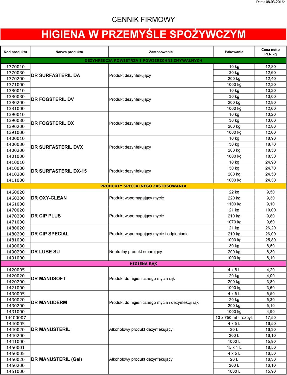 SURFASTERIL DVX 1400200 200 kg 18,50 1401000 1000 kg 18,30 1410010 10 kg 24,90 1410030 30 kg 24,70 DR SURFASTERIL DX-15 1410200 200 kg 24,50 1411000 1000 kg 24,30 PRODUKTY SPECJALNEGO ZASTOSOWANIA