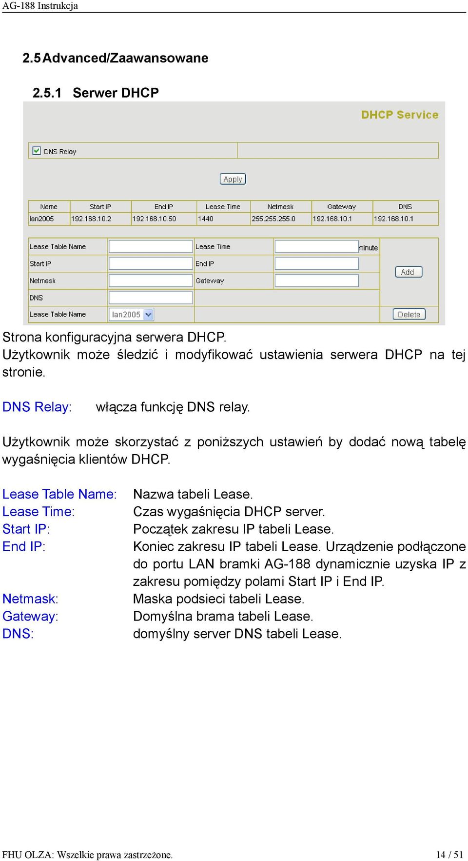 Lease Table Name: Lease Time: Start IP: End IP: Netmask: Gateway: DNS: Nazwa tabeli Lease. Czas wygaśnięcia DHCP server. Początek zakresu IP tabeli Lease.