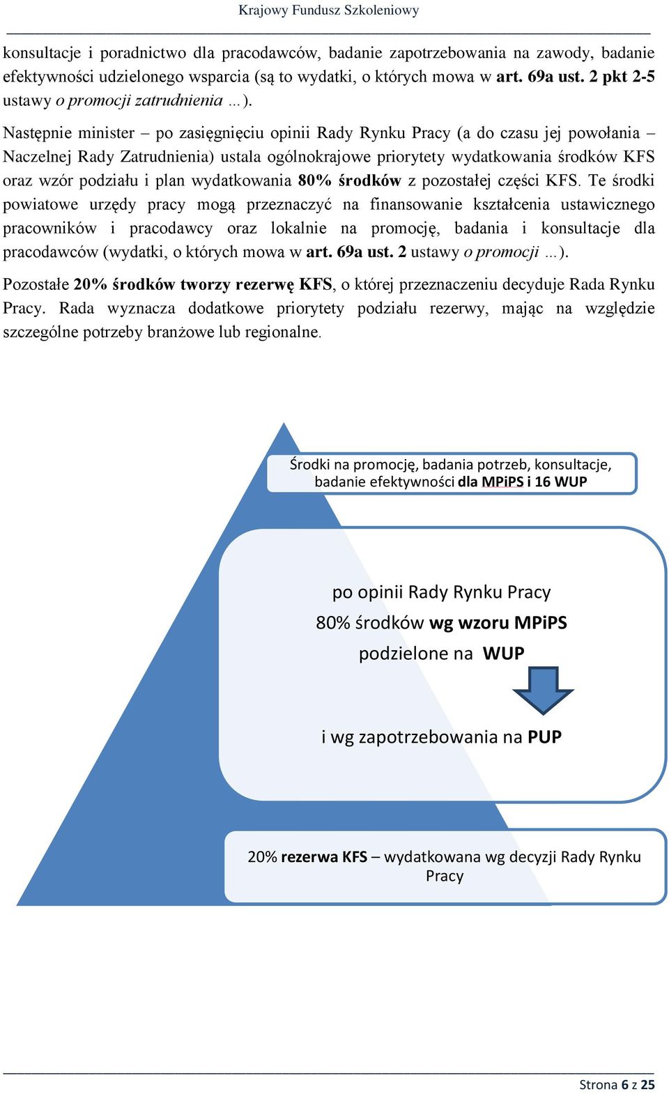 Następnie minister po zasięgnięciu opinii Rady Rynku Pracy (a do czasu jej powołania Naczelnej Rady Zatrudnienia) ustala ogólnokrajowe priorytety wydatkowania środków KFS oraz wzór podziału i plan