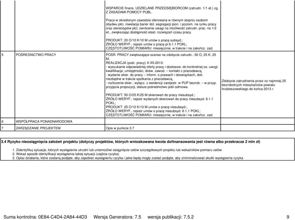 PRODUKT: 20 O/10 K/10 M umów o pracę subsyd.; ŹRÓŁO WERYF.: rejestr umów o pracę pi 6.1.1 POKL; CZĘSTOTLIWOŚĆ POMIARU: miesięcznie, w trakcie i na zakończ. zad. 5 POŚREDNICTWO PRACY POŚR.