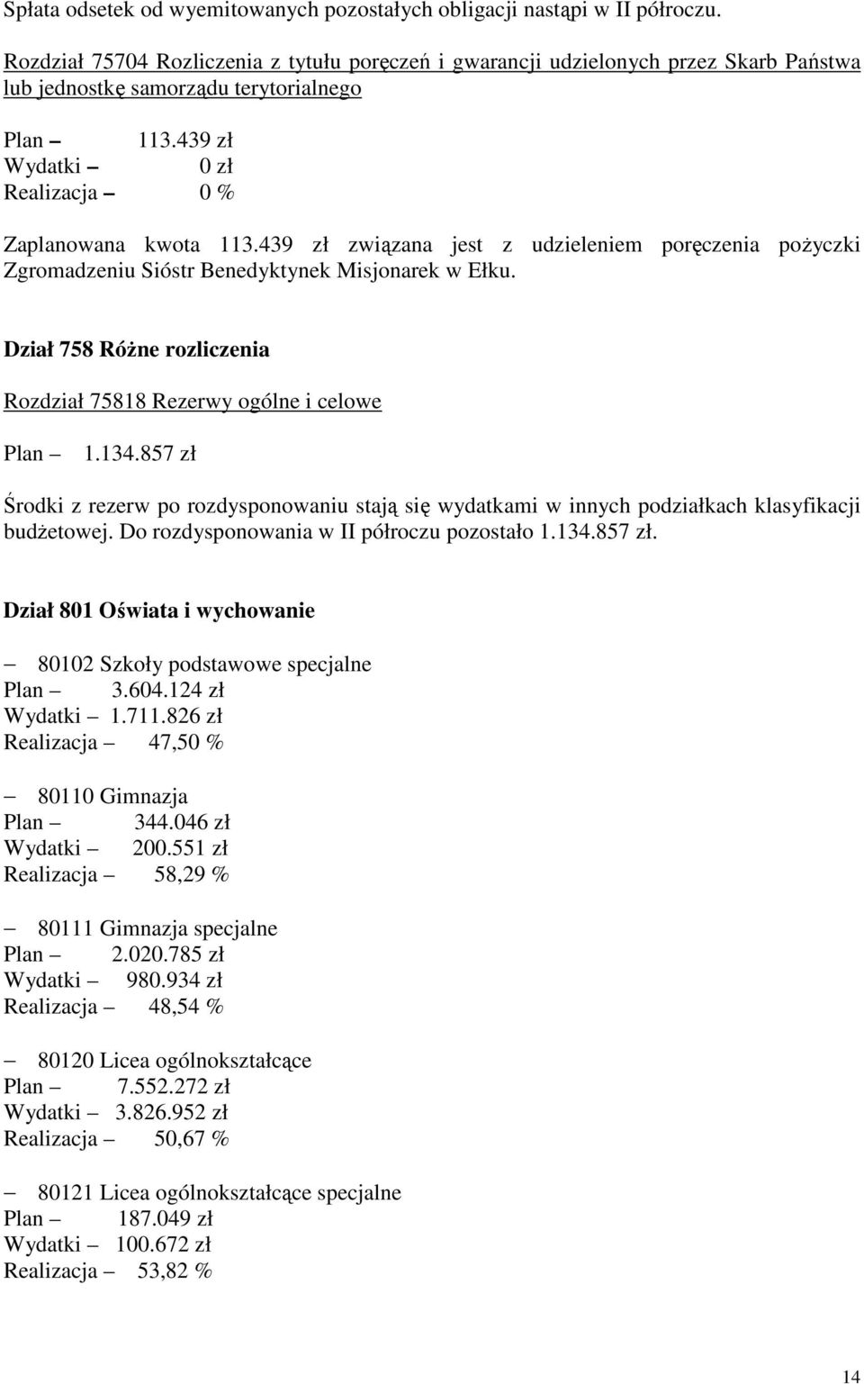 439 zł związana jest z udzieleniem poręczenia pożyczki Zgromadzeniu Sióstr Benedyktynek Misjonarek w Ełku. Dział 758 Różne rozliczenia Rozdział 75818 Rezerwy ogólne i celowe Plan 1.134.