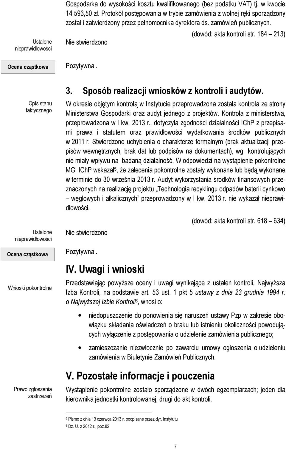 184 213) 3. Sposób realizacji wniosków z kontroli i audytów. W okresie objętym kontrolą w Instytucie przeprowadzona została kontrola ze strony Ministerstwa Gospodarki oraz audyt jednego z projektów.