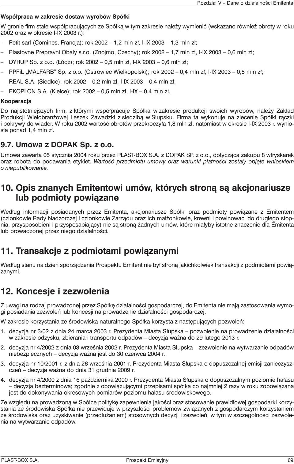 z o.o. (Ostrowiec Wielkopolski); rok 2002 0,4 mln zł, I-IX 2003 0,5 mln zł; REAL S.A. (Siedlce); rok 2002 0,2 mln zł, I-IX 2003 0,4 mln zł; EKOPLON S.A. (Kielce); rok 2002 0,5 mln zł, I-IX 0,4 mln zł.