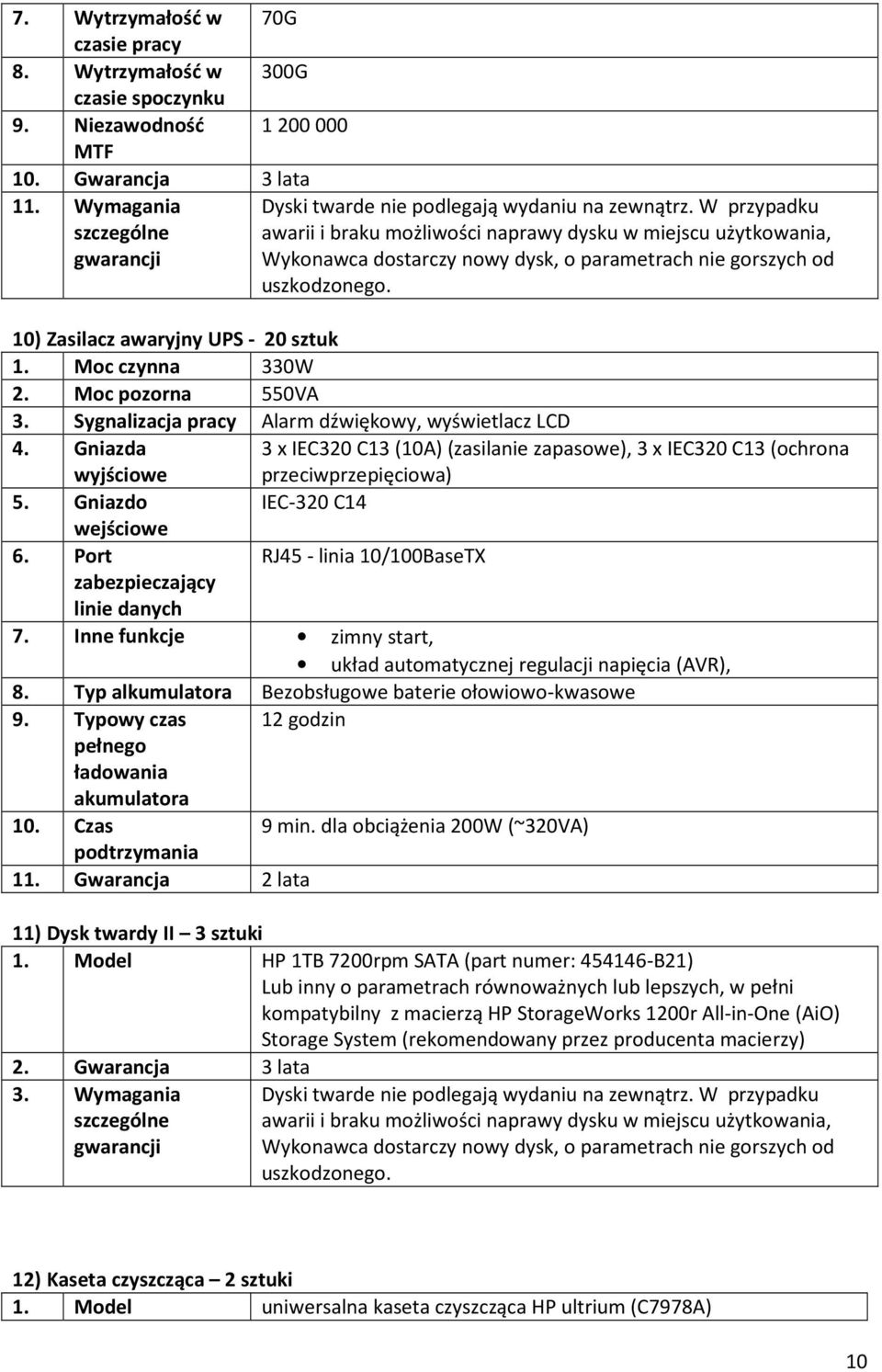 W przypadku awarii i braku możliwości naprawy dysku w miejscu użytkowania, Wykonawca dostarczy nowy dysk, o parametrach nie gorszych od uszkodzonego. 10) Zasilacz awaryjny UPS - 20 sztuk 1.