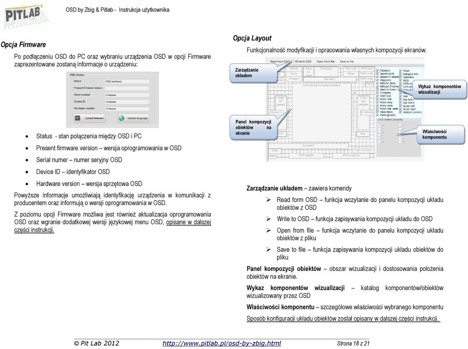 Wykaz komponentów wizualizacji Status - stan połączenia między OSD i PC Present firmware version wersja oprogramowania w OSD Serial numer numer seryjny OSD Device ID identyfikator OSD Hardware