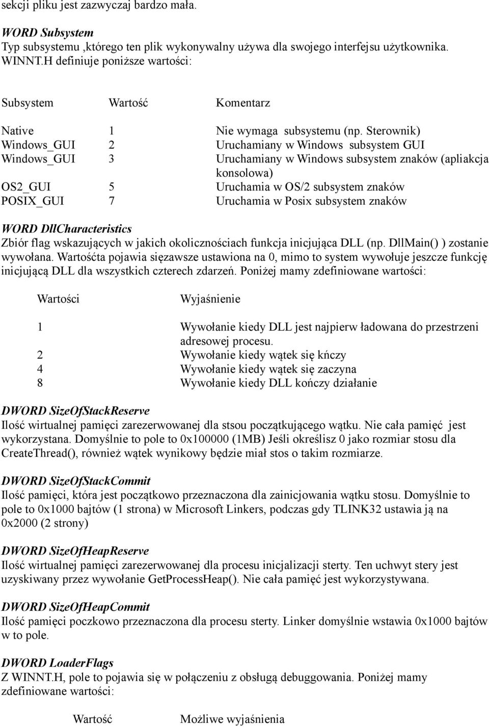 Sterownik) Windows_GUI 2 Uruchamiany w Windows subsystem GUI Windows_GUI 3 Uruchamiany w Windows subsystem znaków (apliakcja konsolowa) OS2_GUI 5 Uruchamia w OS/2 subsystem znaków POSIX_GUI 7