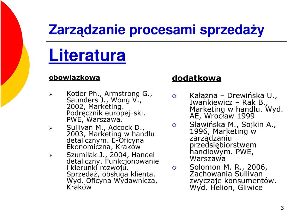 Funkcjonowanie i kierunki rozwoju. Sprzedaż, obsługa klienta. Wyd. Oficyna Wydawnicza, Kraków Kałążna Drewińska U., Iwankiewicz Rak B., Marketing w handlu. Wyd. AE, Wrocław 1999 Sławińska M.