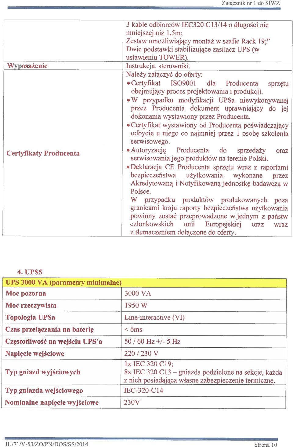 W przypadku modyfikacji UPSa niewykonywanej przez Producenta dokument uprawniający do jej dokonania wystawiony przez Producenta.