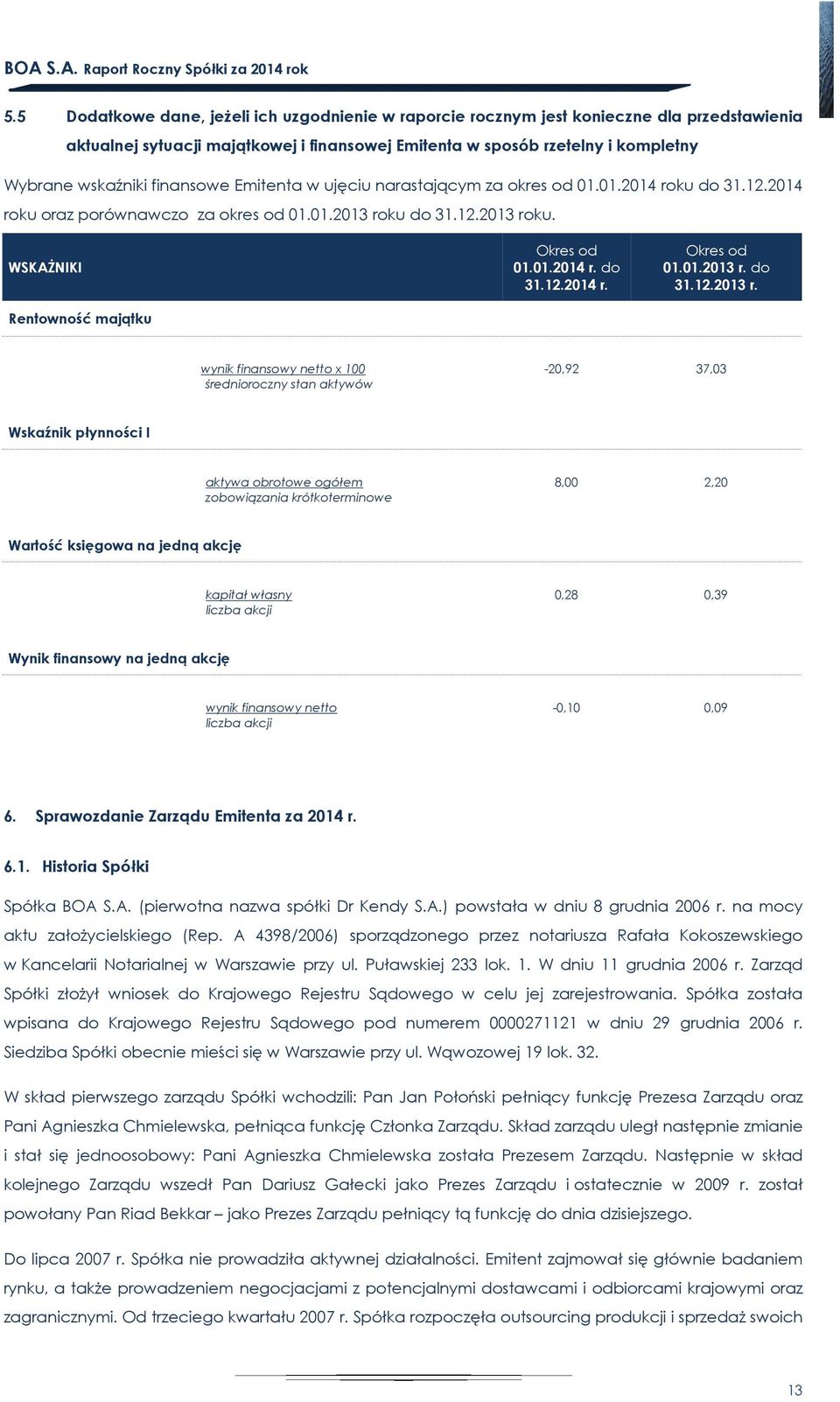 finansowe Emitenta w ujęciu narastającym za okres od 1.1.214 roku do 31.12.214 roku oraz porównawczo za okres od 1.1.213 roku do 31.12.213 roku. Okres od 1.1.214 r. do 31.12.214 r. WSKAŻNIKI Okres od 1.