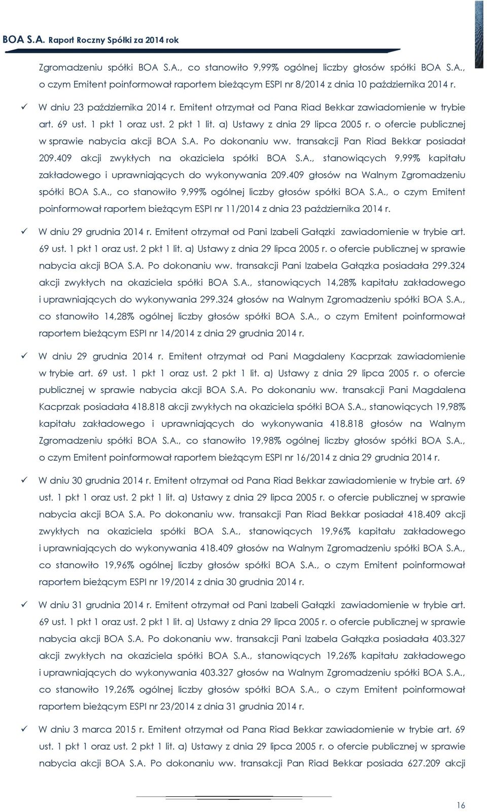 o ofercie publicznej w sprawie nabycia akcji BOA S.A. Po dokonaniu ww. transakcji Pan Riad Bekkar posiadał 29.49 akcji zwykłych na okaziciela spółki BOA S.A., stanowiących 9,99% kapitału zakładowego i uprawniających do wykonywania 29.