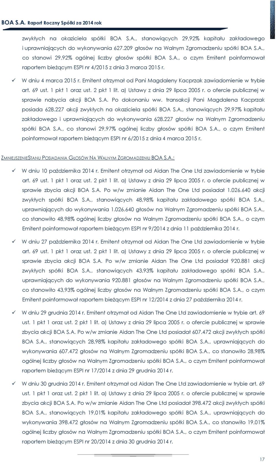 W dniu 4 marca 215 r. Emitent otrzymał od Pani Magdaleny Kacprzak zawiadomienie w trybie art. 69 ust. 1 pkt 1 oraz ust. 2 pkt 1 lit. a) Ustawy z dnia 29 lipca 25 r.