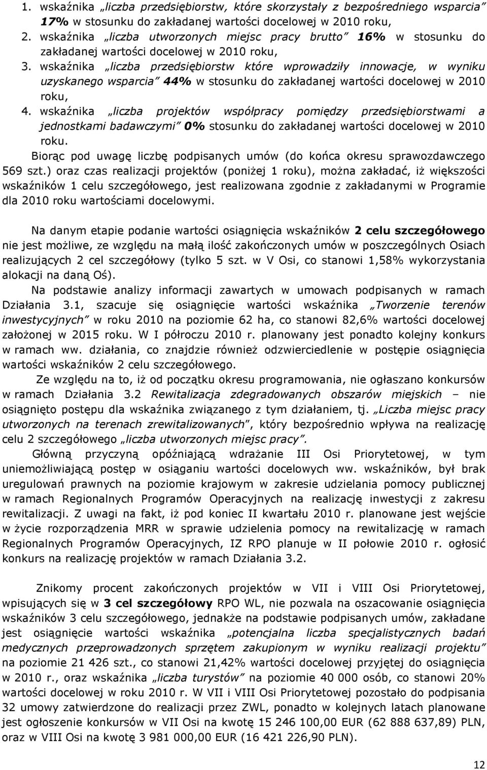 wskaźnika liczba przedsiębiorstw które wprowadziły innowacje, w wyniku uzyskanego wsparcia 44% w stosunku do zakładanej wartości docelowej w 2010 roku, 4.