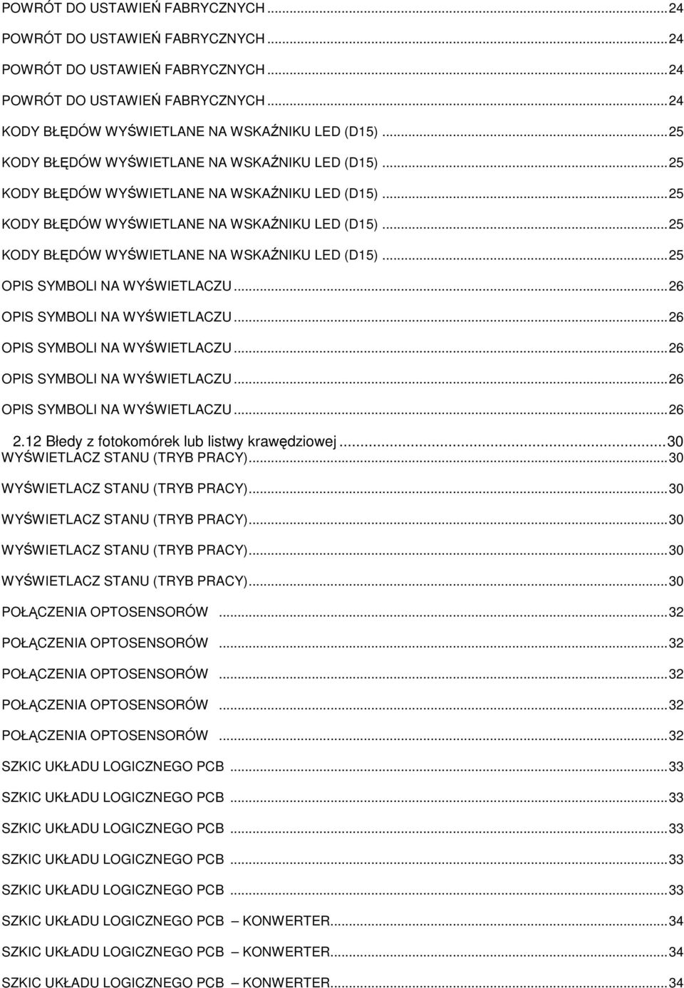 ..26 OPIS SYMBOLI NA WYŚWIETLACZU...26 OPIS SYMBOLI NA WYŚWIETLACZU...26 OPIS SYMBOLI NA WYŚWIETLACZU...26 OPIS SYMBOLI NA WYŚWIETLACZU...26 2.12 Błedy z fotokomórek lub listwy krawędziowej.