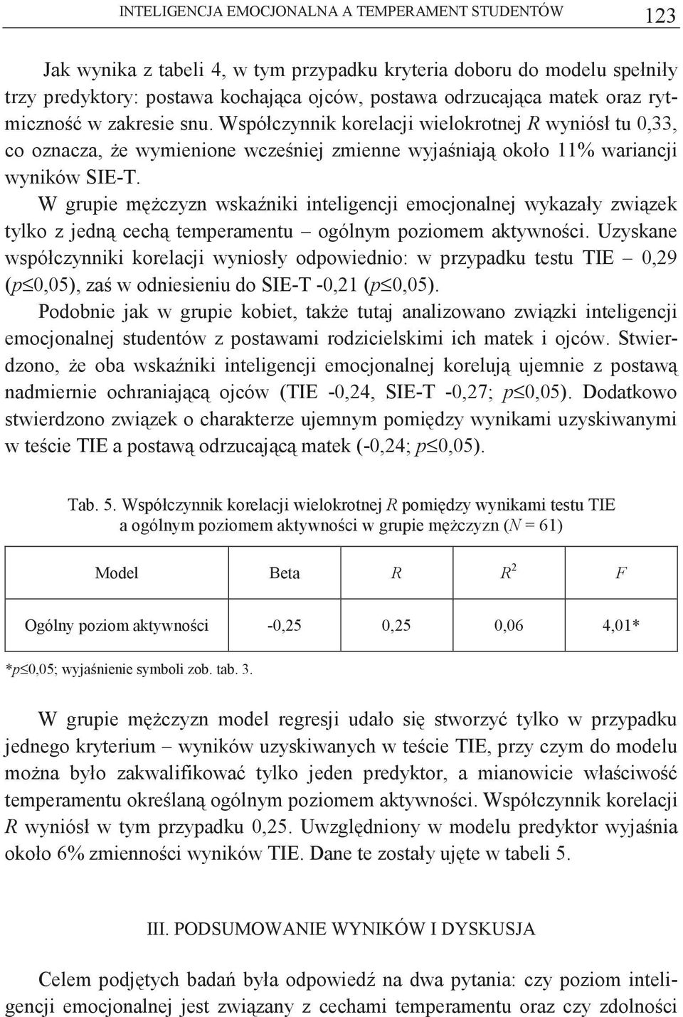 W grupie mczyzn wskaniki inteligencji emocjonalnej wykazały zwizek tylko z jedn cech temperamentu ogólnym poziomem aktywnoci.