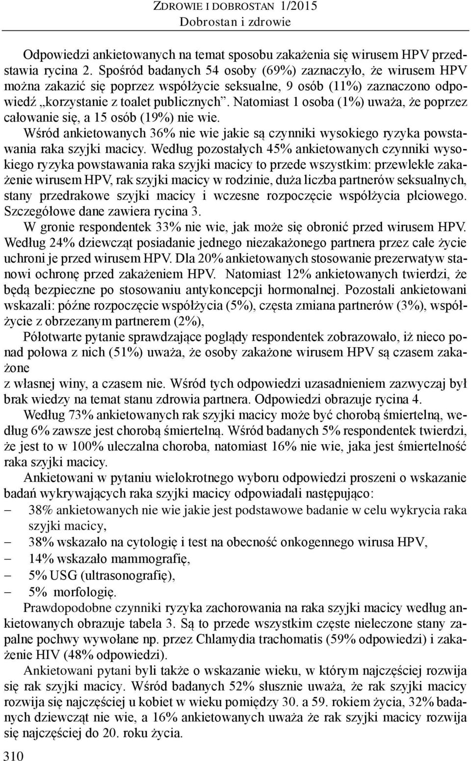 Natomiast 1 osoba (1%) uważa, że poprzez całowanie się, a 15 osób (19%) nie wie. Wśród ankietowanych 36% nie wie jakie są czynniki wysokiego ryzyka powstawania raka szyjki macicy.