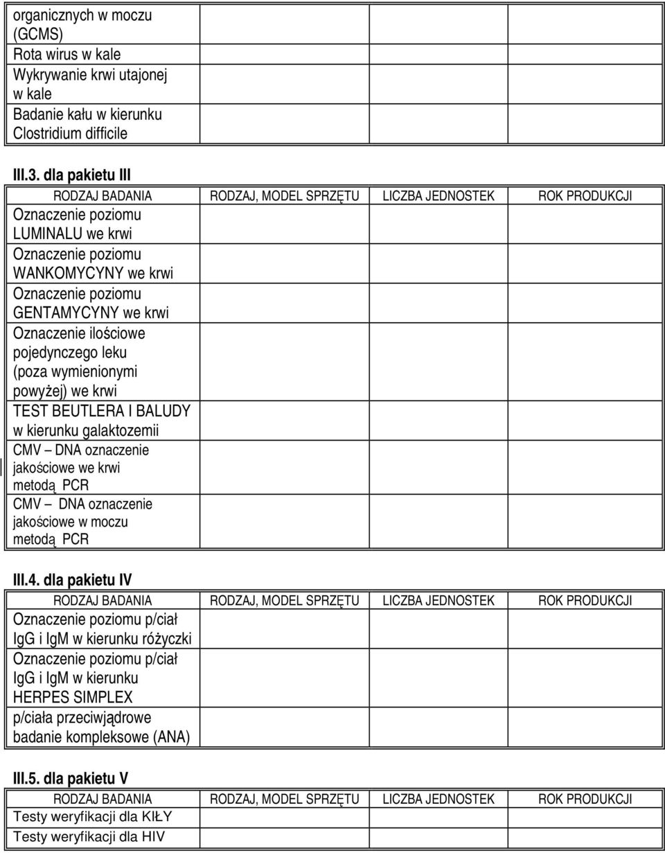 krwi TEST BEUTLERA I BALUDY w kierunku galaktozemii CMV DNA oznaczenie jakościowe we krwi metodą PCR CMV DNA oznaczenie jakościowe w moczu metodą PCR III.4.