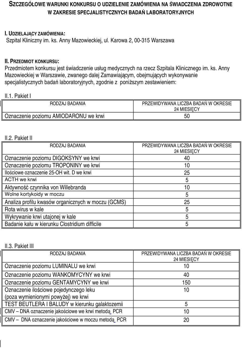 Anny Mazowieckiej w Warszawie, zwanego dalej Zamawiającym, obejmujących wykonywanie specjalistycznych badań laboratoryjnych, zgodnie z poniŝszym zestawieniem: II.1.