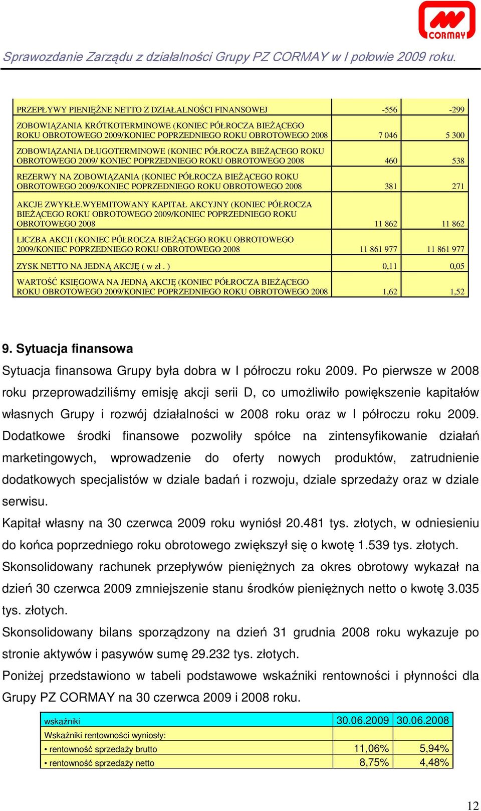 2009/KONIEC POPRZEDNIEGO ROKU OBROTOWEGO 2008 381 271 AKCJE ZWYKŁE.