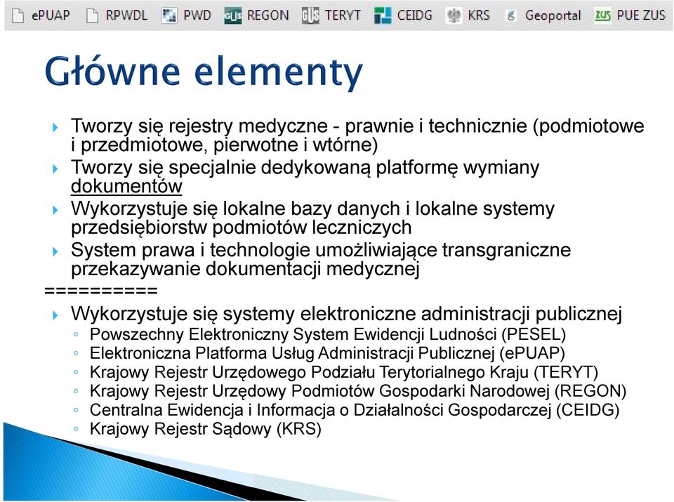 elektroniczne administracji publicznej Powszechny Elektroniczny System Ewidencji Ludności (PESEL) Elektroniczna Platforma Usług Administracji Publicznej (epuap) Krajowy Rejestr Urzędowego