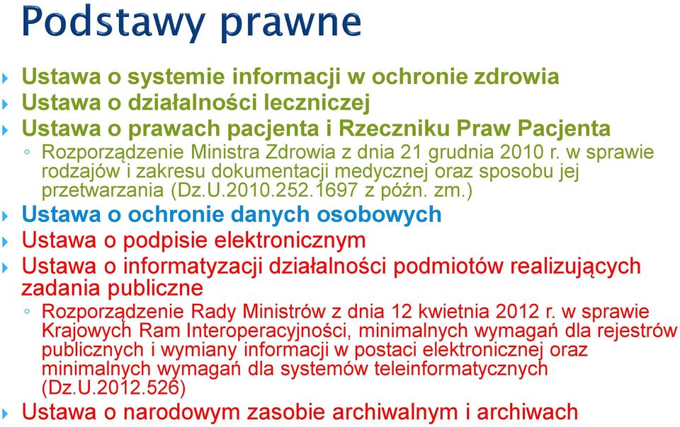 ) Ustawa o ochronie danych osobowych Ustawa o podpisie elektronicznym Ustawa o informatyzacji działalności podmiotów realizujących zadania publiczne Rozporządzenie Rady Ministrów z dnia 12