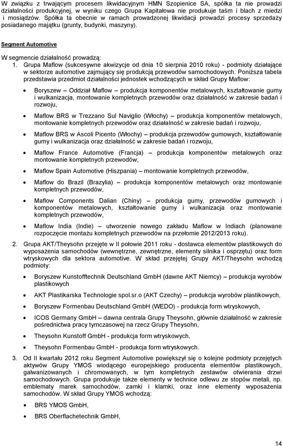 Grupa Maflow (sukcesywne akwizycje od dnia 10 sierpnia 2010 roku) - podmioty działające w sektorze automotive zajmujący się produkcją przewodów samochodowych.