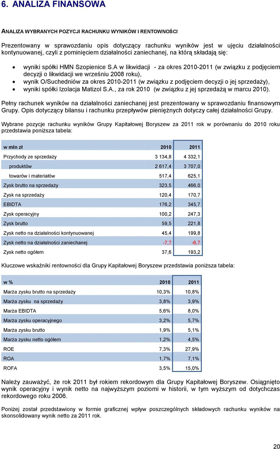 A w likwidacji - za okres 2010-2011 (w związku z podjęciem decyzji o likwidacji we wrześniu 2008 roku), wynik O/Suchedniów za okres 2010-2011 (w związku z podjęciem decyzji o jej sprzedaży), wyniki