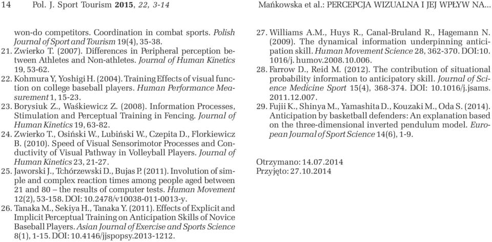 Training Effects of visual function on college baseball players. Human Performance Measurement 1, 1523. 23. Borysiuk Z., Waśkiewicz Z. (2008).