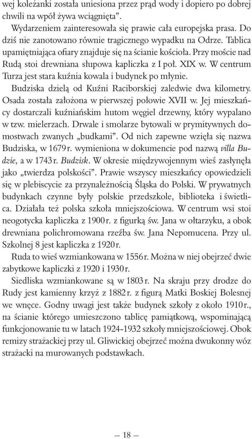 W centrum Turza jest stara kuźnia kowala i budynek po młynie. Budziska dzielą od Kuźni Raciborskiej zaledwie dwa kilometry. Osada została założona w pierwszej połowie XVII w.