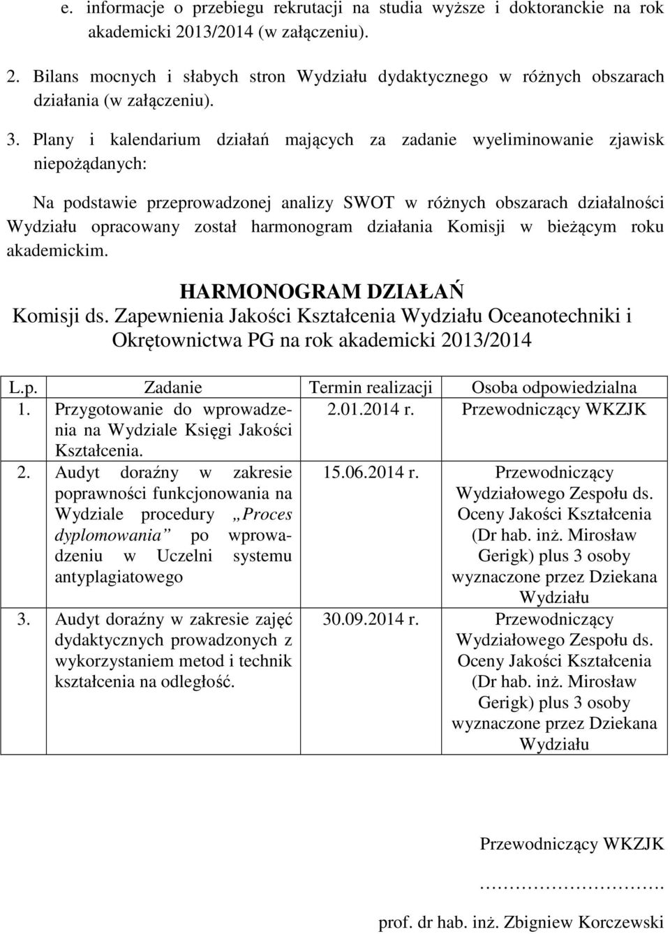 harmonogram działania Komisji w bieżącym roku akademickim. HARMONOGRAM DZIAŁAŃ Komisji ds. Zapewnienia Jakości Kształcenia Wydziału Oceanotechniki i Okrętownictwa PG na rok akademicki 2013/2014 L.p. Zadanie Termin realizacji Osoba odpowiedzialna 1.